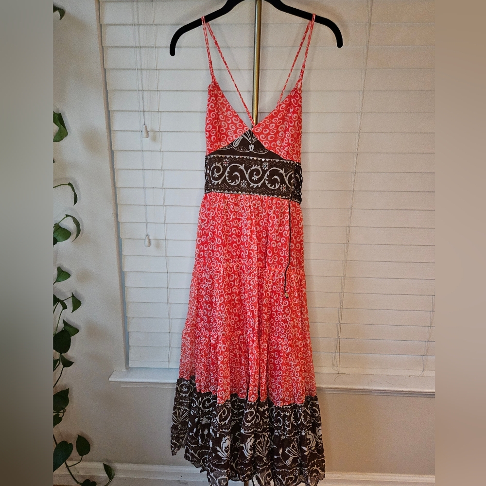 ECI Boho Maxi Dress Pink Brown Paisley Tiered Sleeveless